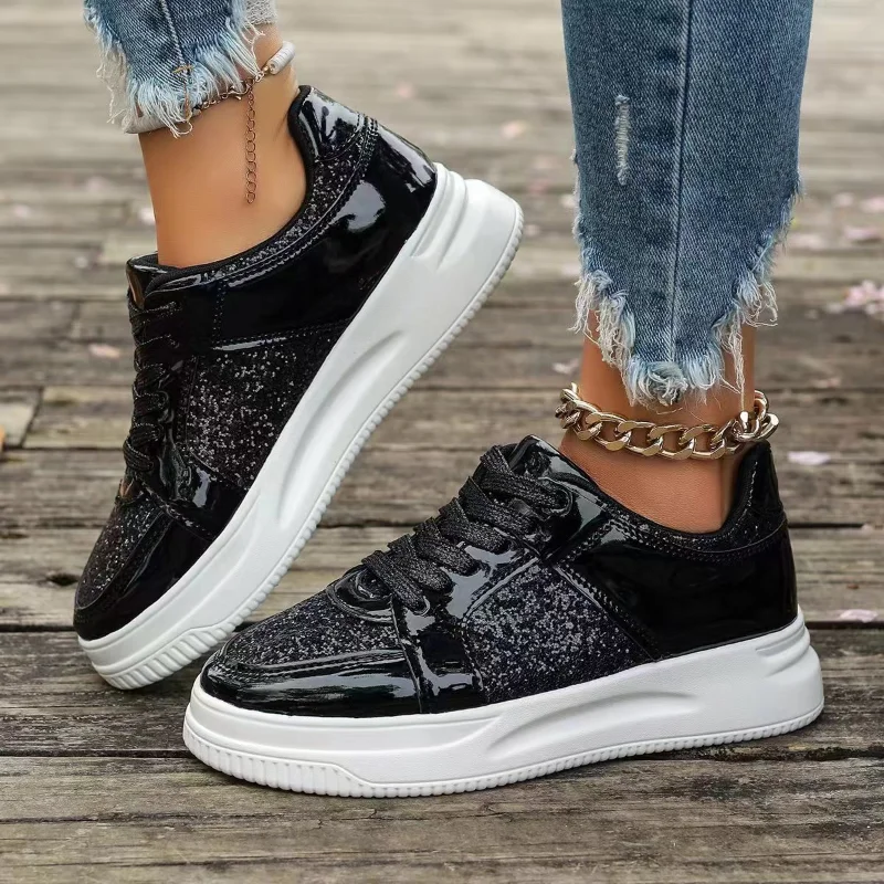 Women's Gold Sequins Platform Sneakers Autumn Fashion Casual Sports Thick Bottom Vulcanized Woman Flats Heels Shoes