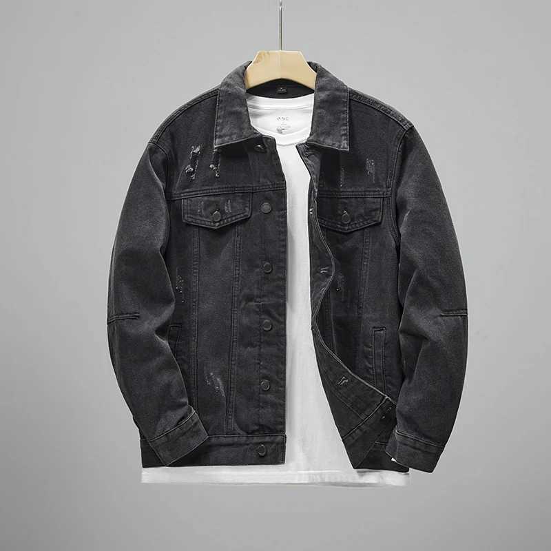New black denim jacket for 2024 simple personalized design trend of holes mens jacket thin touch mens top W240914