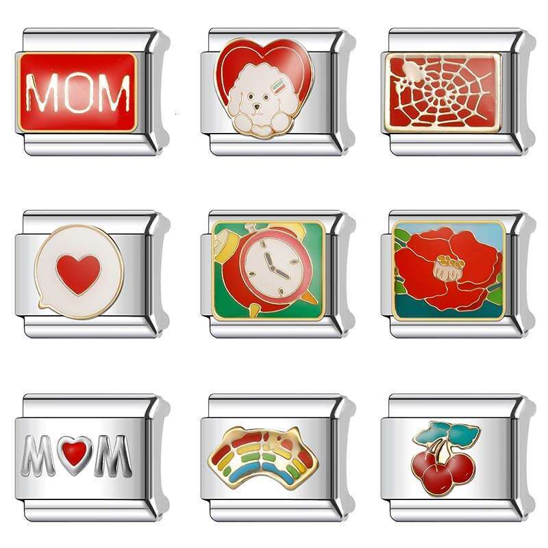 New Women's Gift love mom red heat flower Bead Italian Charms Links Bangle Beads Fit 9mm Stainless Steel Bracelet Making DIY For Women Fashion Je