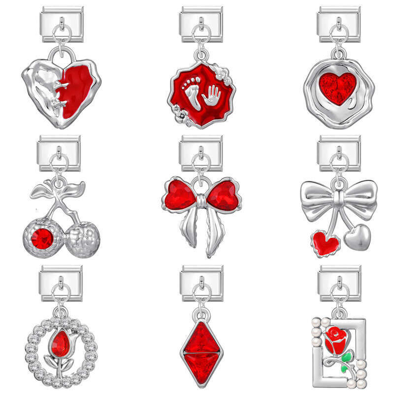 New Women's Gift red enamel Strawberry cherry bow Pendant Italian Charms Links Bangle Beads Fit 9mm Stainless Steel Bracelet Making DIY For Women