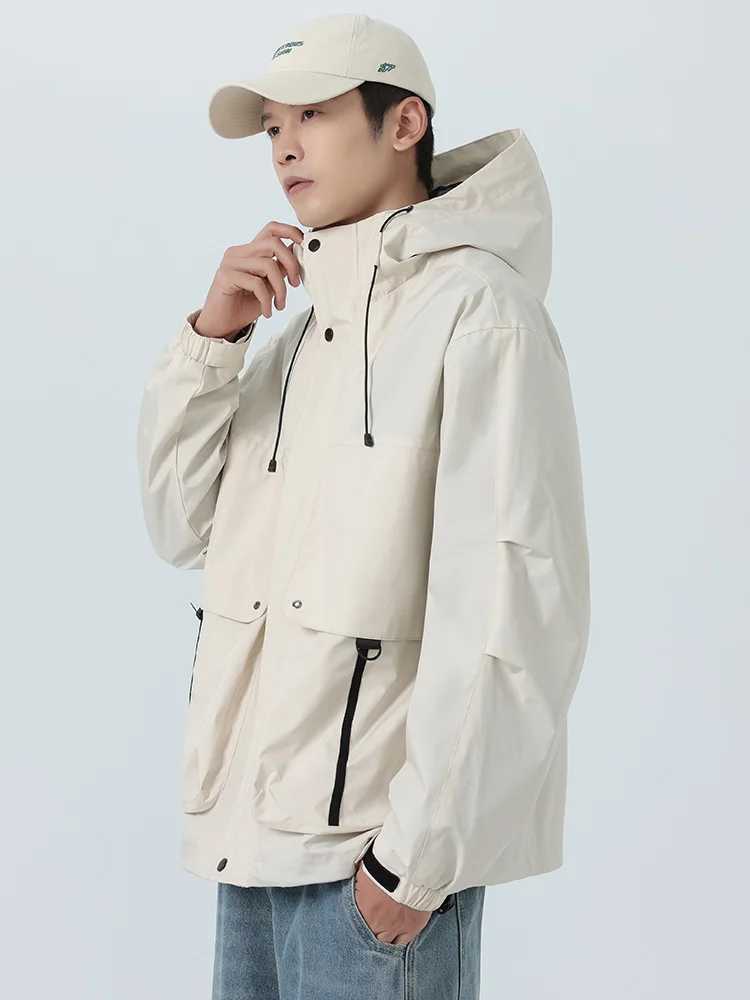 Spring and Autumn mens windproof jacket Korean fashion waterproof windproof outdoor large pocket hooded loose jacket large size 8XL W240914