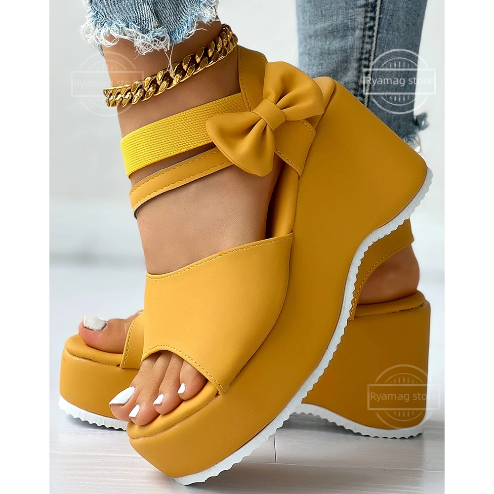 Sandals Women Peep Toe Bowknot Decor Platform Slingback Wed Soft Bottom Wedge Heels Sandalias Mujer Elegant Wedges Shoes