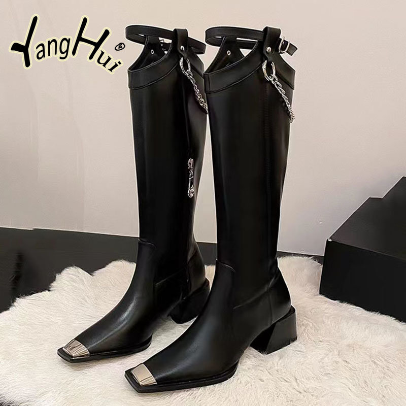 Knee-high Street Style Modern Boots 2023 New Irregular Chain Accessories Side Zipper Square Toe Thick Heel Pumps Shoes Winter