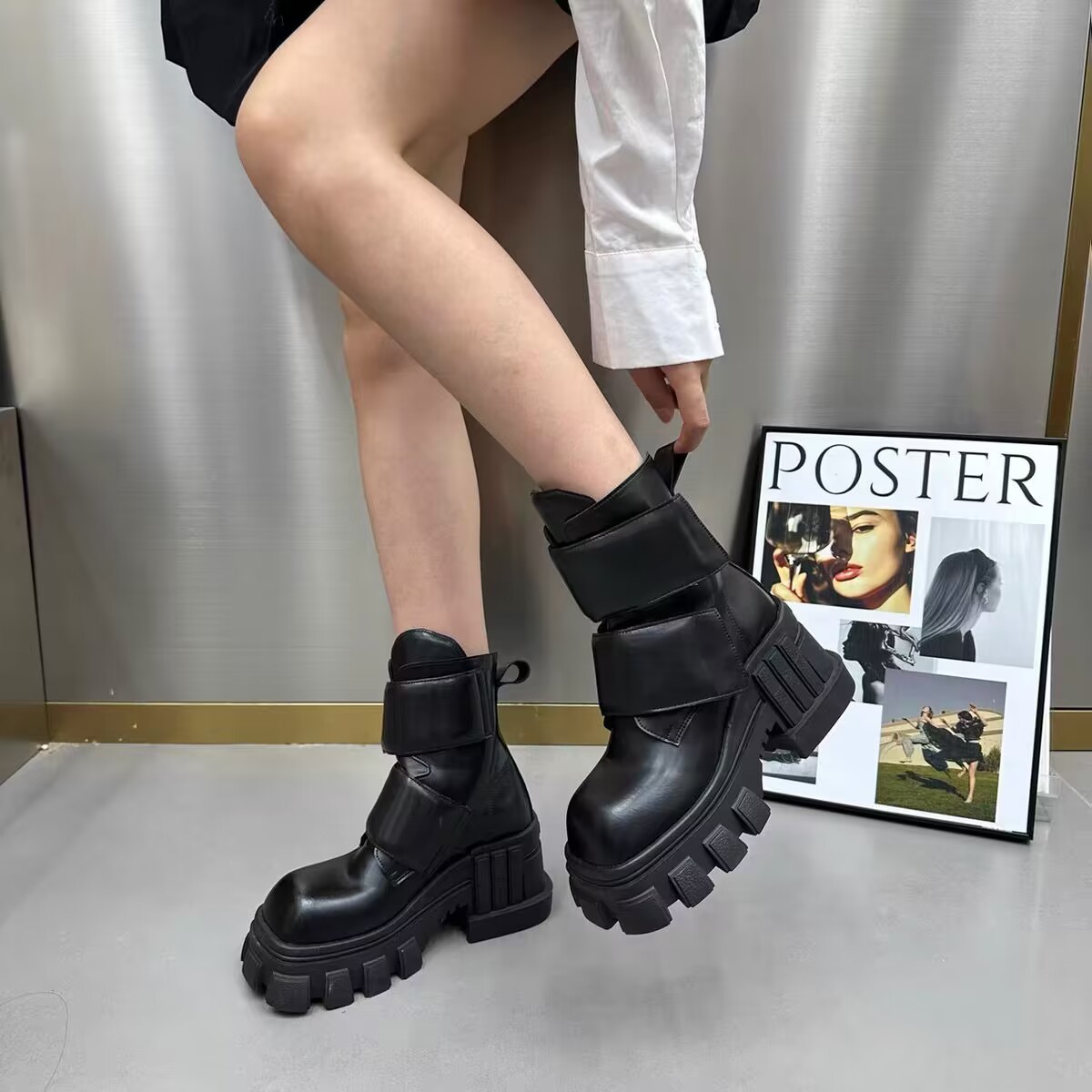 Women Motorcycle NEW Chunky Platform Square head Mid-Calf Lace Up Bandage Winter Casual Black Ankle Boots 7bae