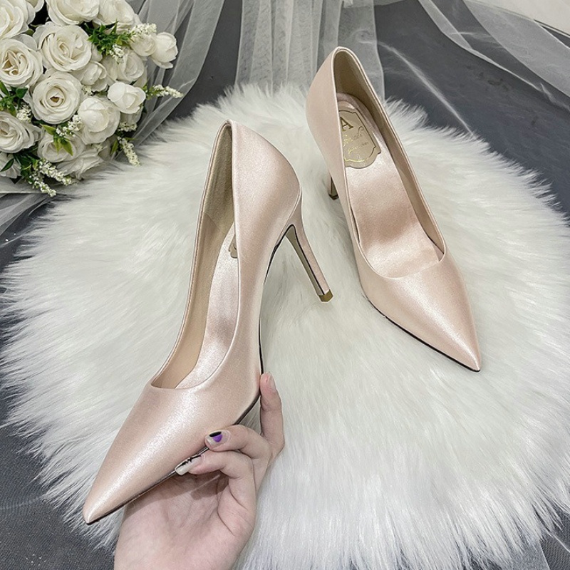 2024 Wedding Shoes White High Heels Women's Stiletto Satin Dress Single Shoes Champagne Bridesmaid Pumps