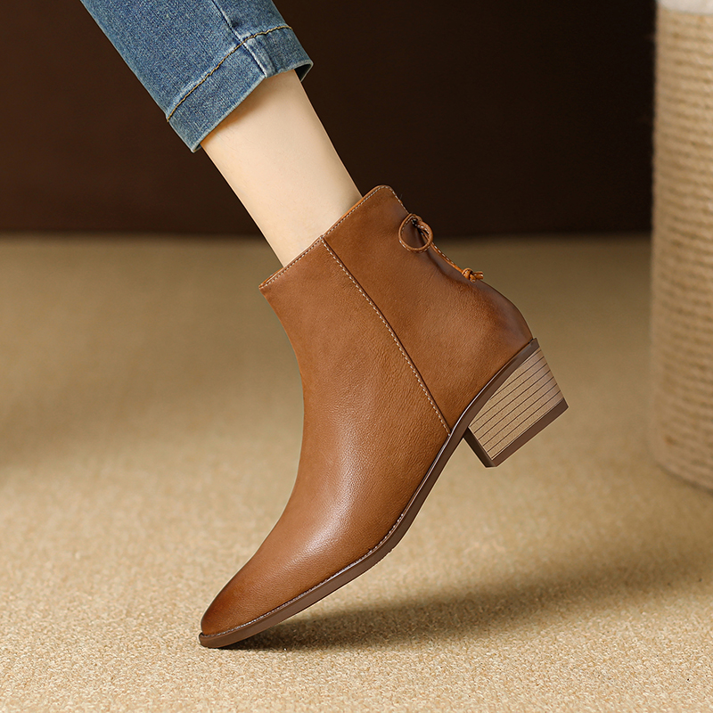2024 Autumn Ankle Pointed Toe Women Western Boots Genuine Leather Office Lady Shoes 4bb3