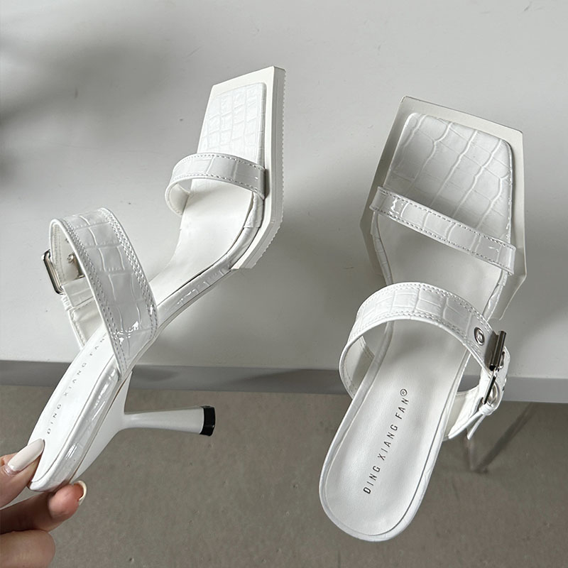 2025 new Pumps Female Slides Footwear Metal Buckle Women New In Fashion Square Toe Ladies High Heels Shoes Slippers ad65