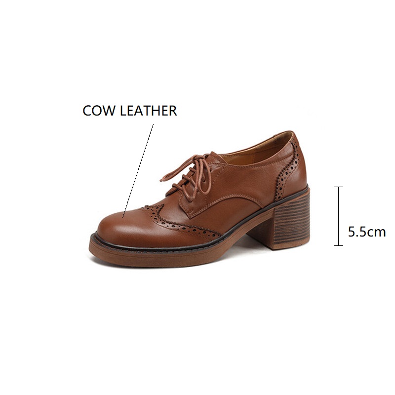 Spring New New Cow Leather Round Toe Pumps Platform Shoes for Women atos Mujer Lace Up Brogue Designs Loafers cb48