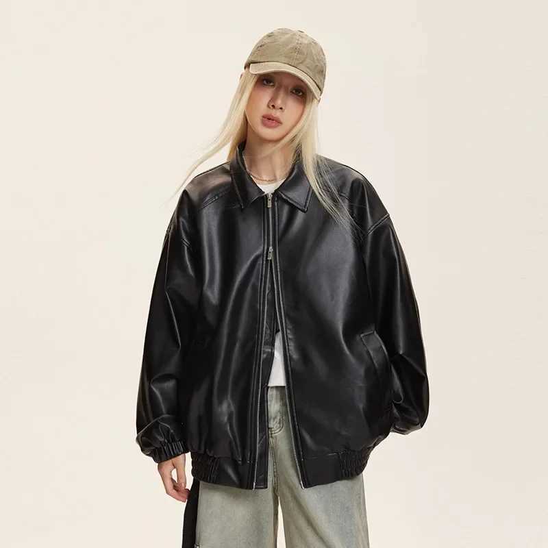 2024 Autumn New Youth Trendy Casual Loose Versatile Trendy Imitation Protein Leather Collar CoatX240913