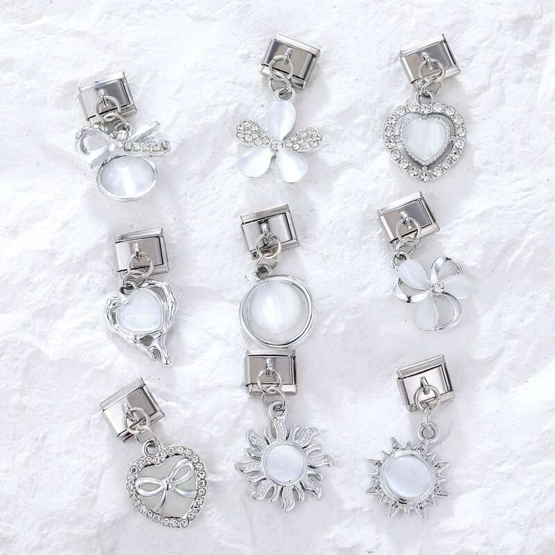 New Women's Gift heart bow with shine stone Pendant Italian Charms Links Bangle Beads Fit 9mm Stainless Steel Bracelet Making DIY For Women Fashi