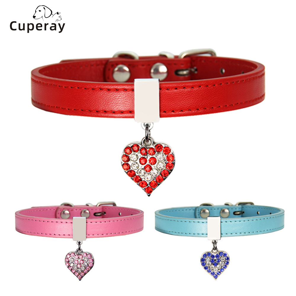 Leather Pet Collar Adjustable Dog Collar with Rhinestone Heart Charm Strong Durable Metal Buckle Dog Collar for Small Medium Dog