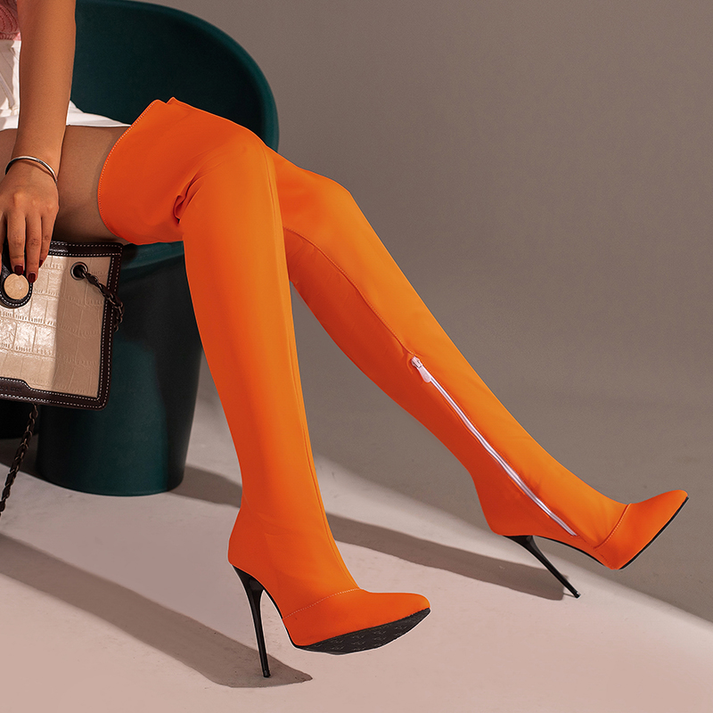 Pointed Toe Stiletto Heel Tight Stretch Lycra Material Sexy Women's Over The Knee Boots Plus Size Zip Plush Inner Stocking Boots