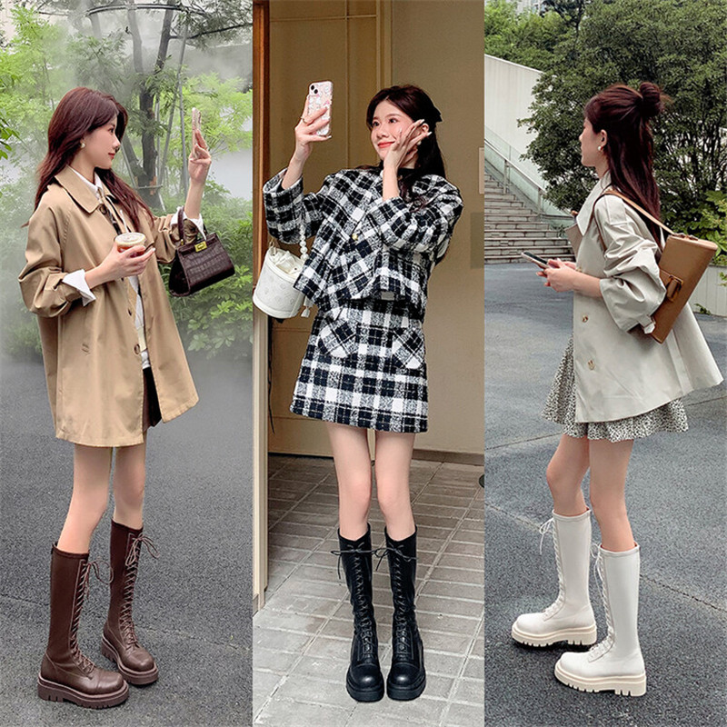 2022 Autumn Winter Round Toe Chunky Heel Knight for Women Leather Knee-High Boots Platform Shoes