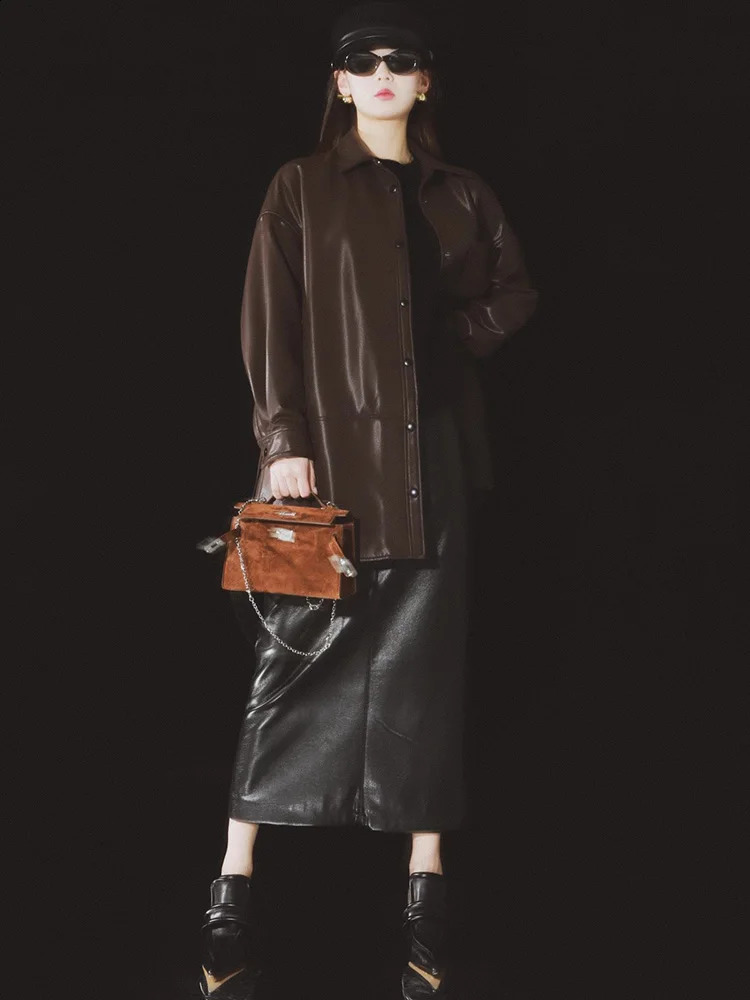 Retro leather jacket womens mid length y autumn 240906