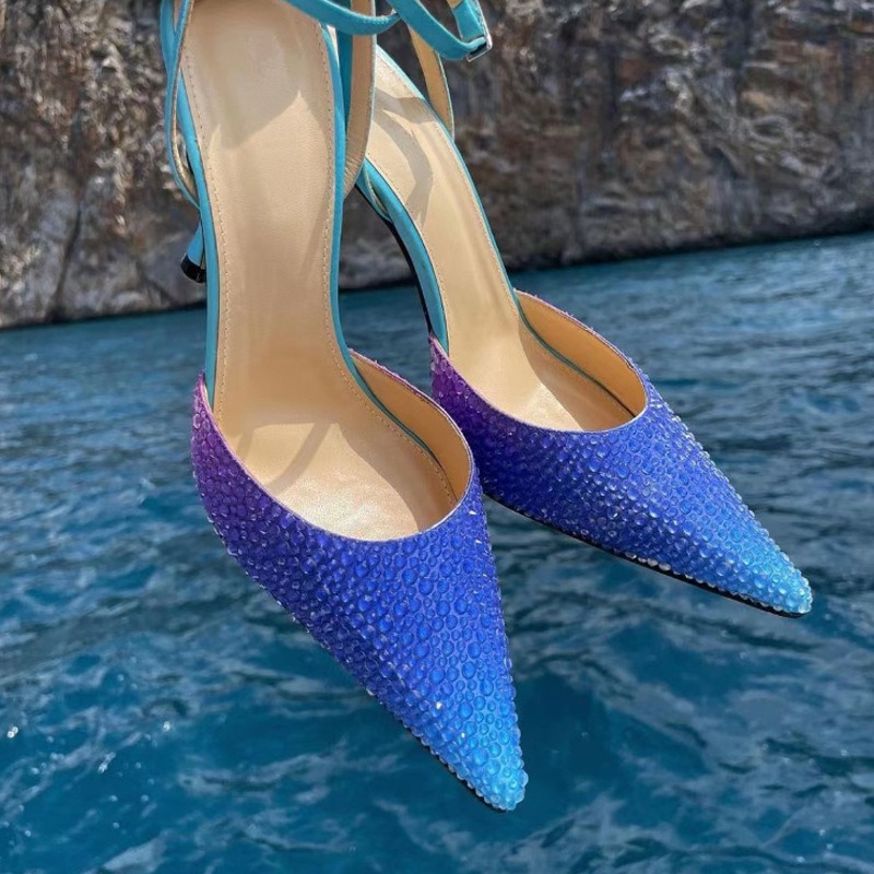 Rhinestone Wrapped Sandals Women 2024 Summer New Silk Fine Heel Pointy Strap High Heels