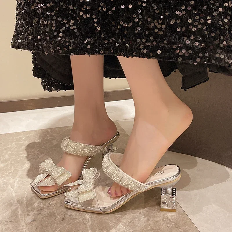 Women Bowtie Slippers Silver Heels 2024 NewTrend Gold Outdoor Rhinestone Woman Sandals Ladies Shoes Pumps Heeled Size 43 Mules