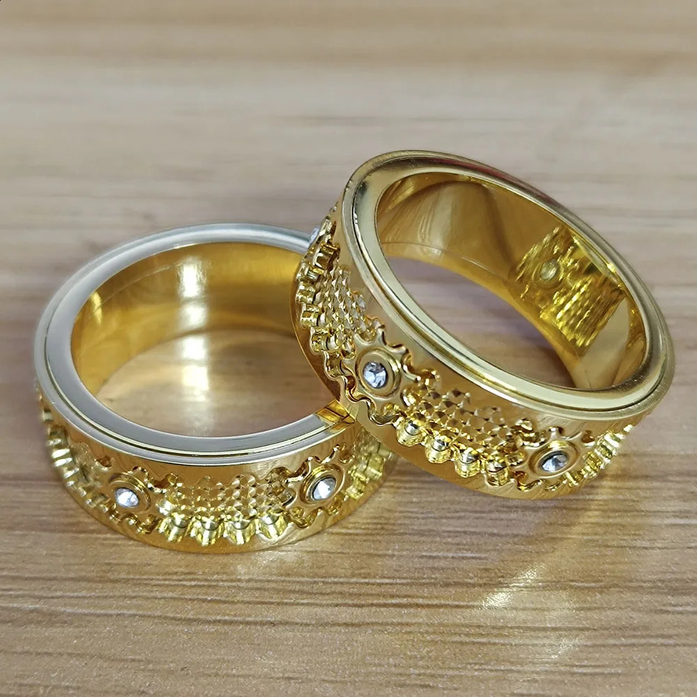 Ladies stainless steel crystal zircon inlaid with gear swing ring ious wedding party jewelry couple gift 240905