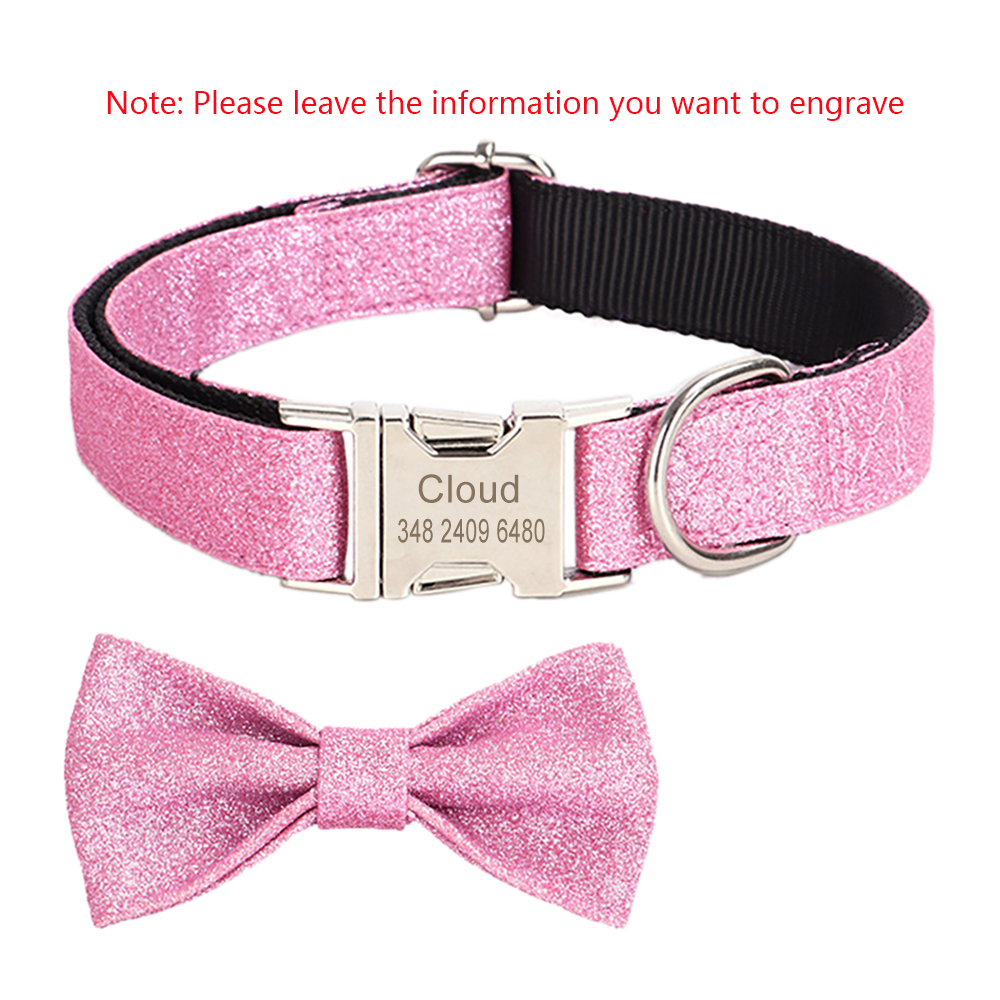 Adjustable Sparkling Dog Collar Personalized Nylon Pet Collar, with Removable Bow Decoration Free Engraving ID Name Tag Collar