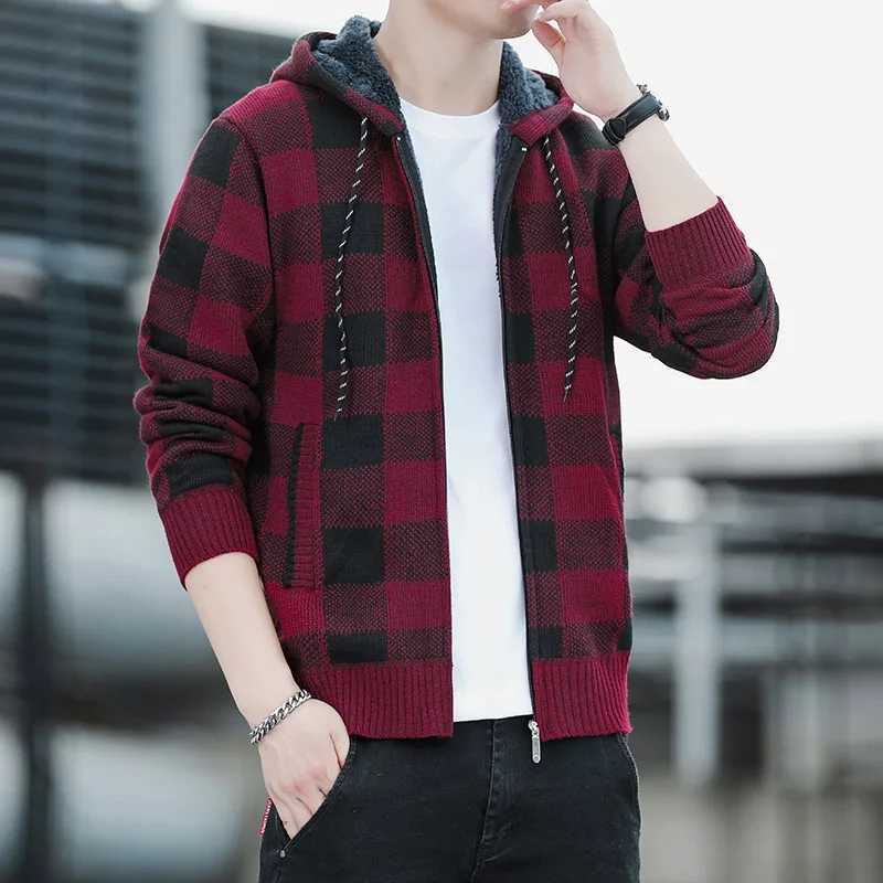 Autumn New Mens Plaid Knitted Sweater Hooded Cardigan Warm Coat Trendy Zipper Jacket Fleece Blouse Winter Mens CardiganXJ240907