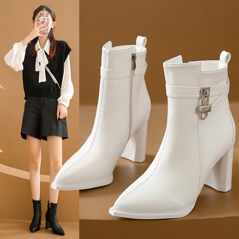 New Autumn Thick Heel Pointed Short Boots Side Zipper High Heels Women Shoes Metal Button Professional OL Ladies Ankle Boots