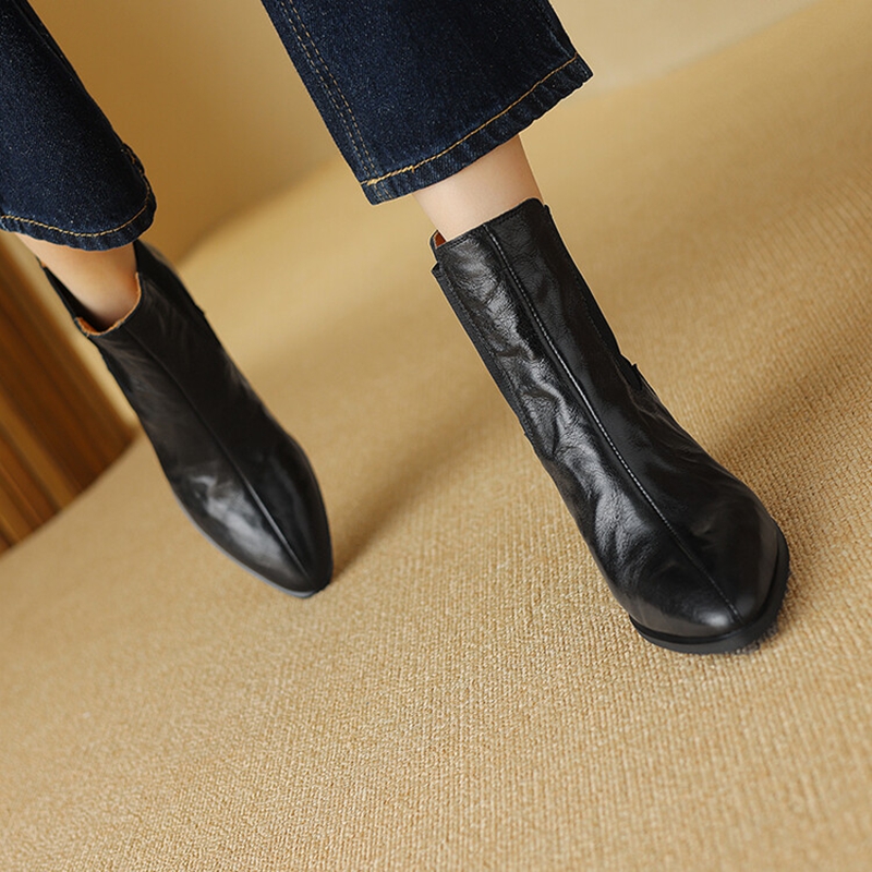NEW Autumn Women Boots Genuine Leather Shoes for Women Pointed Toe Chunky Heel Shoes Slip-on Modern Boots Handmade Short Boots