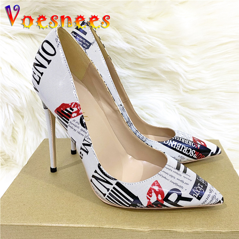 Letter Print High Heels Artistic Graffiti Women Fashion Single Shoes Pointed Toe Stilettos Europe And America Style Party Pumps