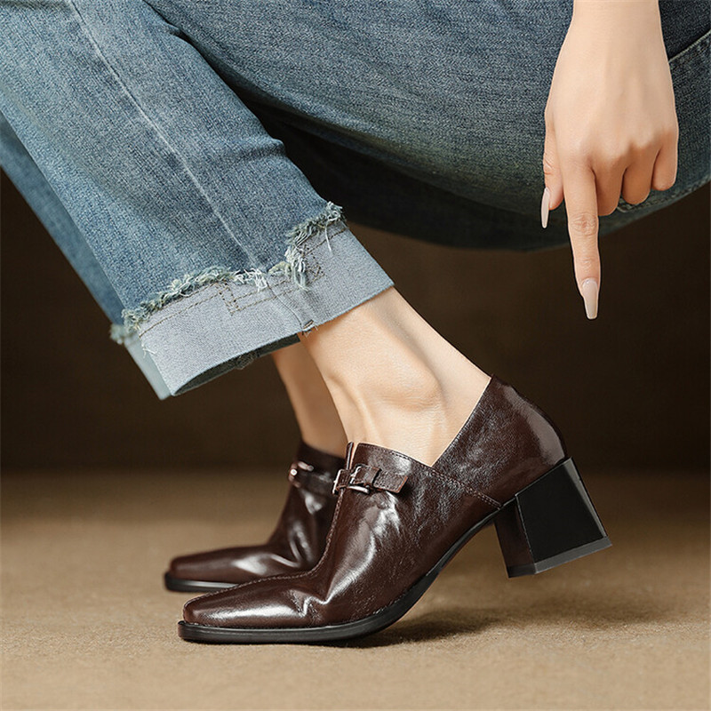 2024 Spring Women Shoes Square Toe Chunky High Heels Women Pumps Shoes for Women Genuine Leather Loafers Shoes Zaptos Mujer