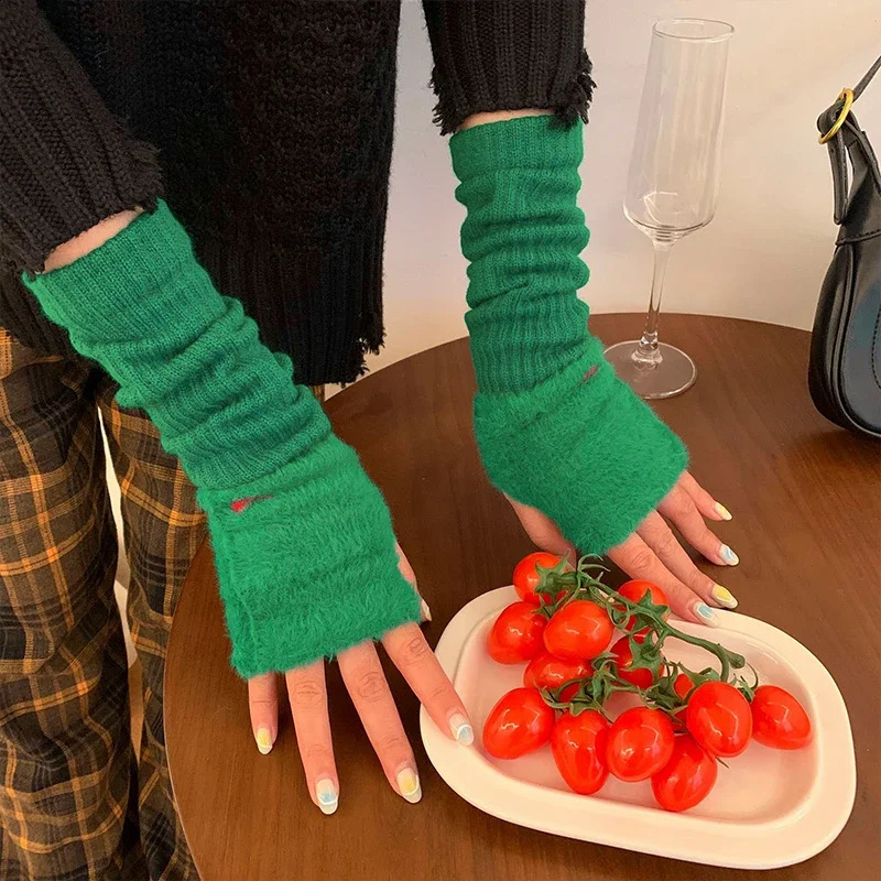 Mink wool soft long gloves winter half finger womens warm and ious white plush knitted fingerless 240911