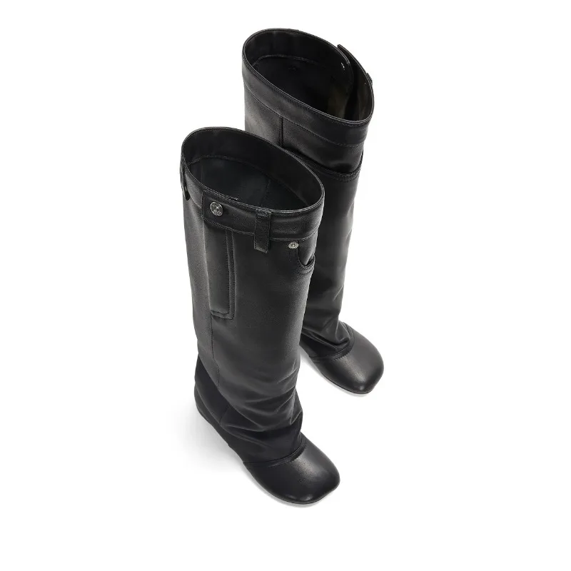 Black Belt Design Pleated Lazy Knee 2023 New Women's European and American Style High Heels Fashion Boots Size 34-43