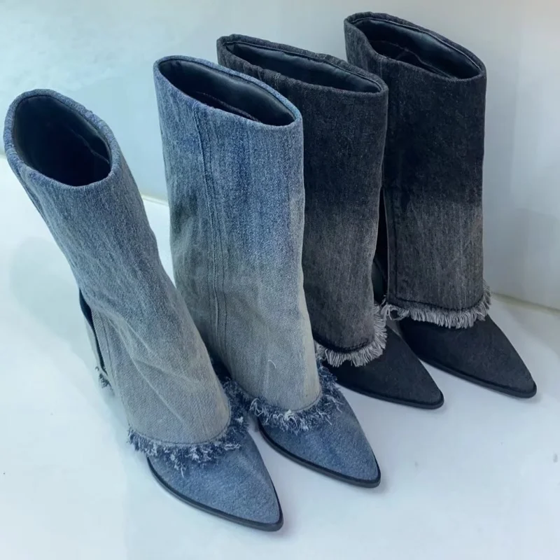 Black Blue Gradient Washed Denim Fringed Skirt European American Fashion Women's Coarse Heel Western Jeans Pants Boots