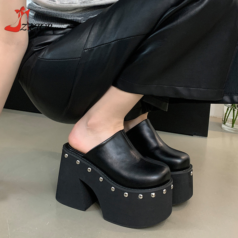 Women's Platform Sandals Black Gothic Closed Toe Chunky High Heels Slippers Rivet Slip On Y2k Punk Shoes Women Summer Size 41 42