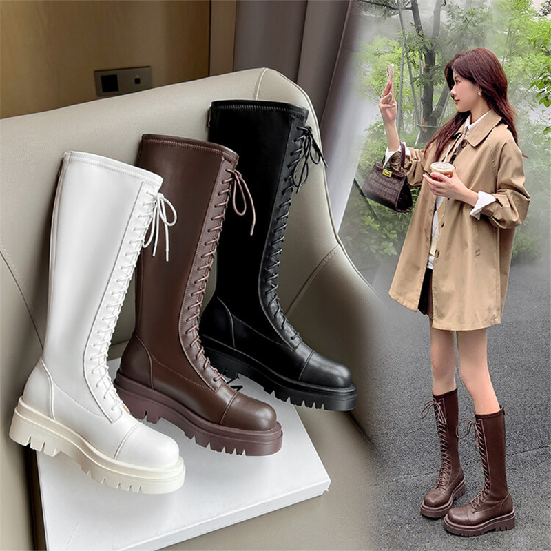 2022 Autumn Winter Round Toe Chunky Heel Knight for Women Leather Knee-High Boots Platform Shoes