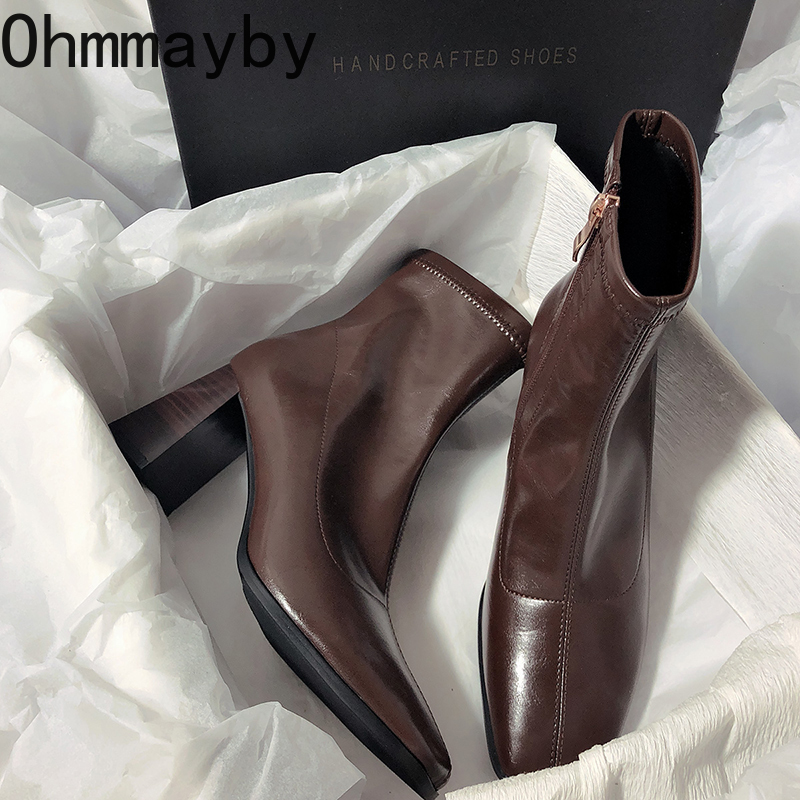 Thick Vintage Heel Women Slim Ankle Boots Fashion Square Toe Shoes Autumn Winter Ladies Elegant Short Booties 1620