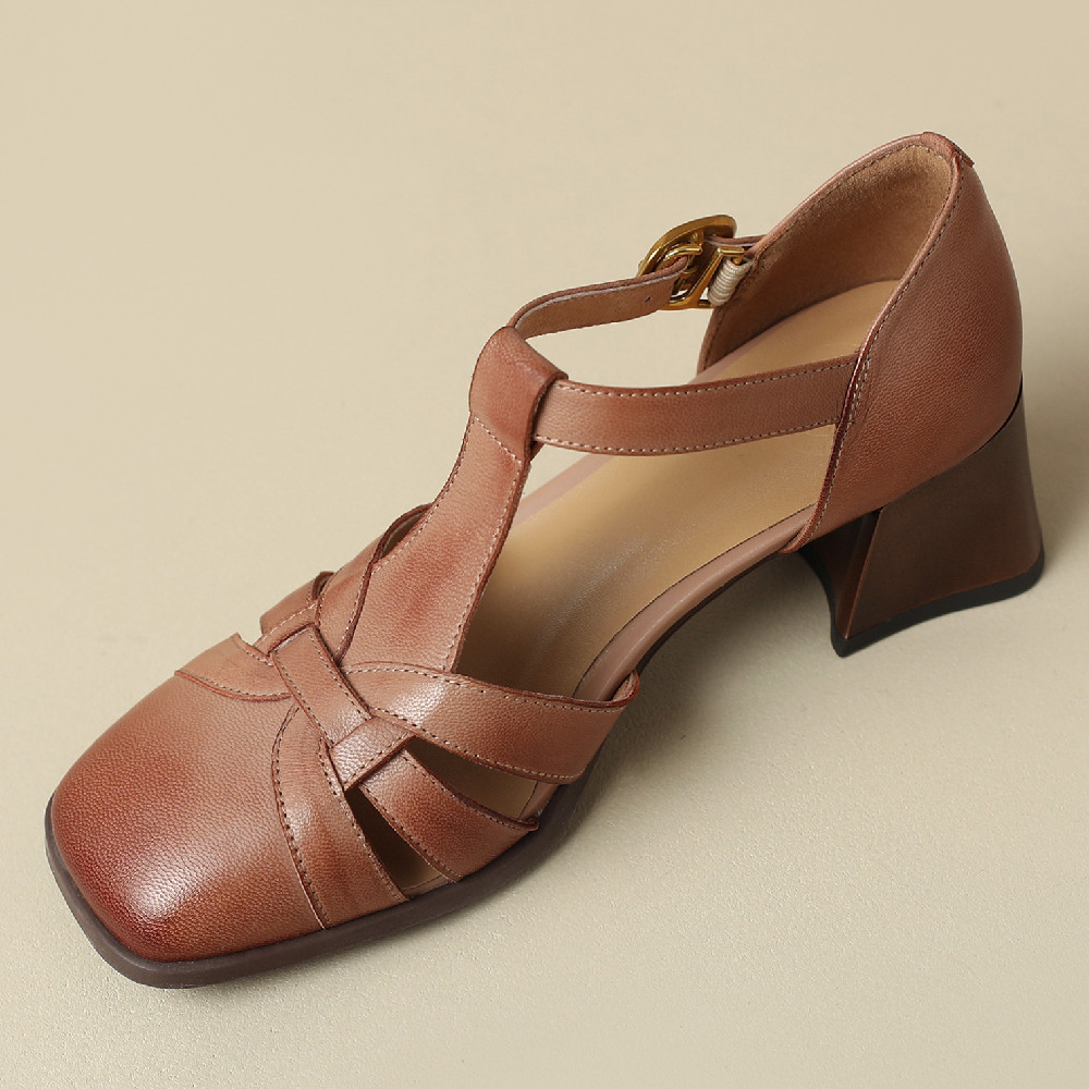 Womens Genuine Leather Braided T strap Gladiator Sandals Plus Size 34 42 5cm Thick Med Heel 4 hick