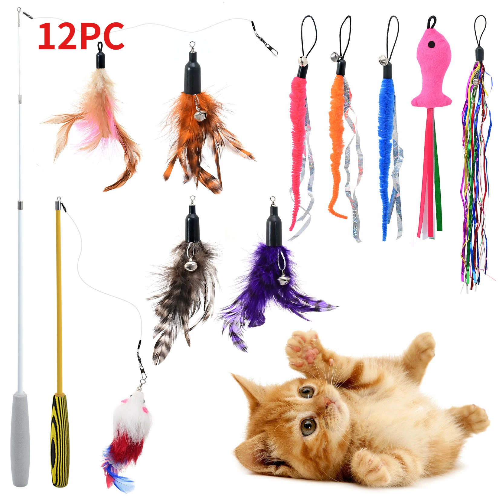 12pcs Colorful Cat Teaser Wand Interactive Funny Cat Toy Fishing Nteractive Toy for Kitten Playing Teaser Toy Cat Supplies