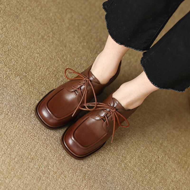 Spring 2023 Loafers Split Leather Pumps Round Toe Square Casual High Heel Women Lace-up New Shoes 0320