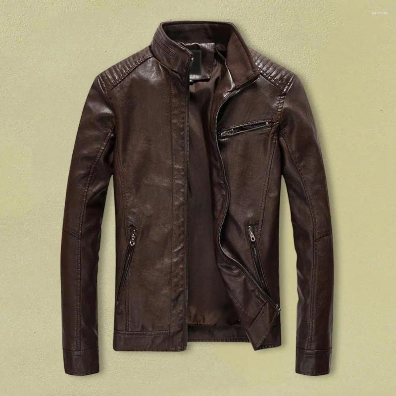 Men's Jackets Men Jacket Faux Leather Stand Collar Pleated Shoulder Long Sleeve Zipper Placket Coat Slim Fit Solid Color Thin Out