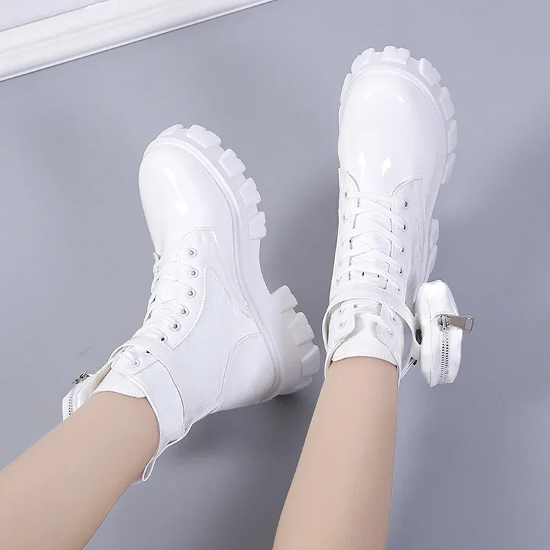 New Autumn Winter Shoes Women Short Boots Pocket Buckle Strap Ankle Boots Red PU Leather Mid-calf Platform Booties Cross-tied