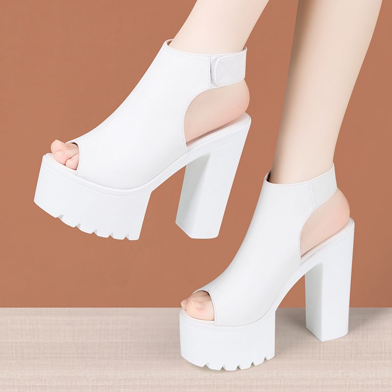 14cm Small Size 33-43 Sexy Open Head Block High Heels Sandals 2024 Summer Soft Leather Chunky Platform Shoes for Model Party