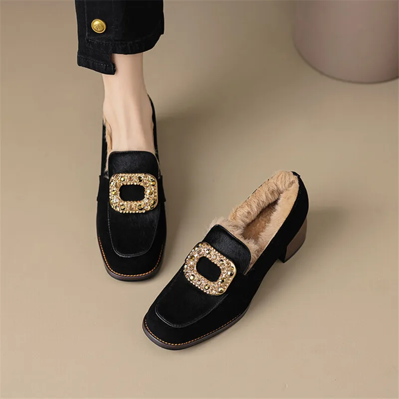 New Winter Sheep Suede Loafers Round Toe Women Pumps Shoes for Women Concise Ladies Shoes Chunky Heels Zaptos Mujer High Heels