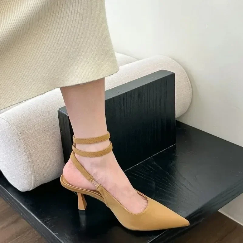 High Quality Sgbac Heels Pumps Women New 2024 New Pointed Toe Thin Heeled Party Shoes Woman Solid Color Ankle Buckle Summer Sandals B7d0