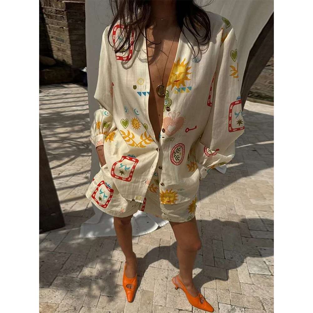 Summer Women Prined Set Causal Lapel Single Breasted Full Sleeves Shirt Elastic Shorts Suit Vacation Lady Outfit