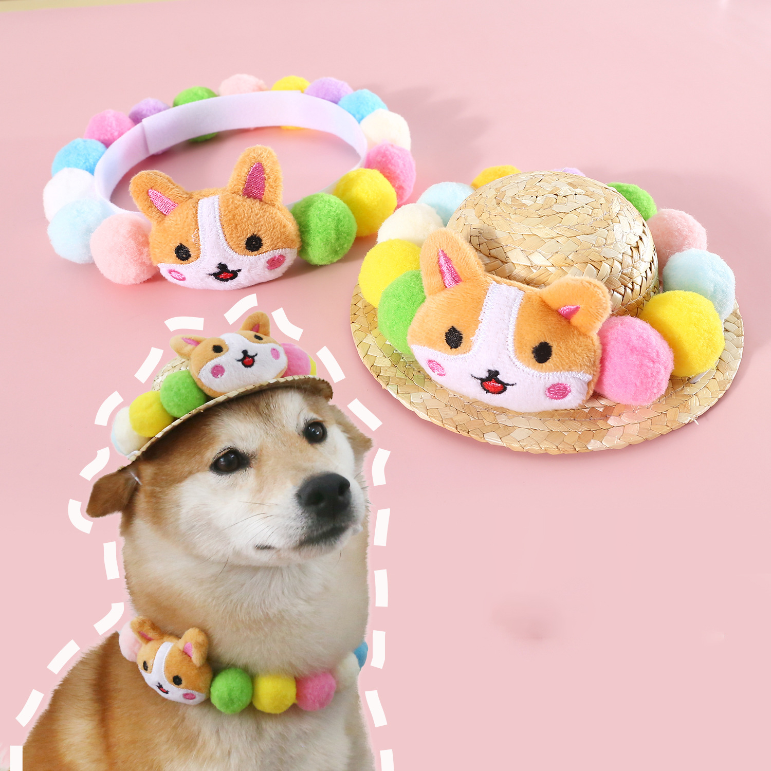 Plush Pet Collar Cat Shiba Inu Corgi Fado Cartoon Teddy Colorful Candy Ball Cat Collar Adjustable Neck Necklace Pets Decoration