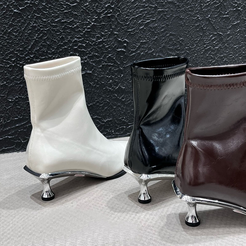 Fashion Metal Heel Women Ankle Stretch Female Designer Slip On Footwear Pointed Toe Ladies Elastic Short Boots Shoes 0279 bbbe dh31047