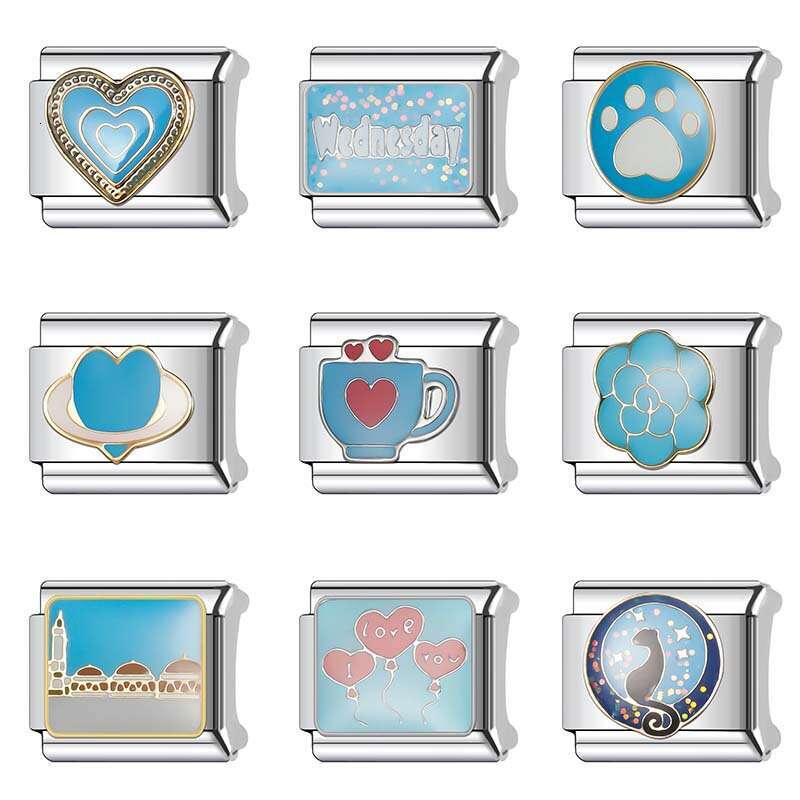 New Women's Gift blue heart Bead Italian Charms Links Bangle Beads Fit 9mm Stainless Steel Bracelet Making DIY For Women Fashion Jewelry