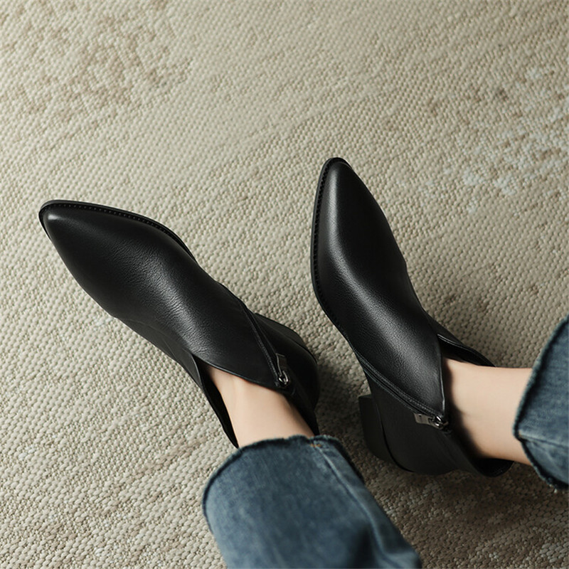 New Genuine Leather Ankle Pointed Toe Chunky Heel for Winter Fashion Short Concise Women Boots