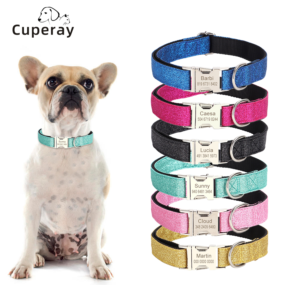 Adjustable Sparkling Dog Collar Personalized Nylon Pet Collar, with Removable Bow Decoration Free Engraving ID Name Tag Collar