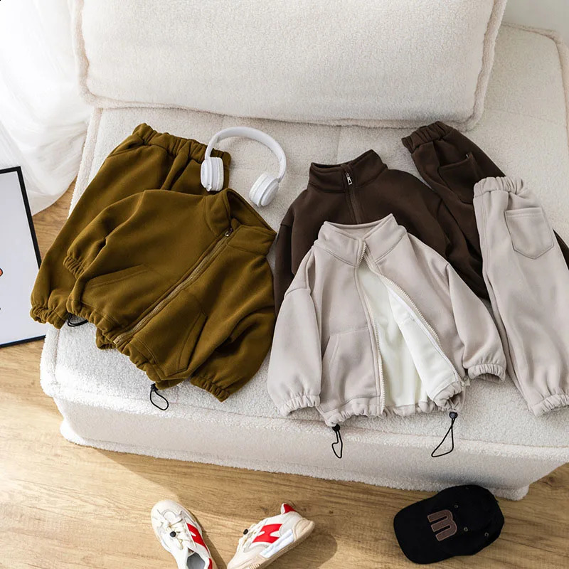 MILANCEL Winter Kids Thicken Clothes Set Girls Cute Solid Color Overcoat Pants Children Sports Suit Outwear 2PCS 240902