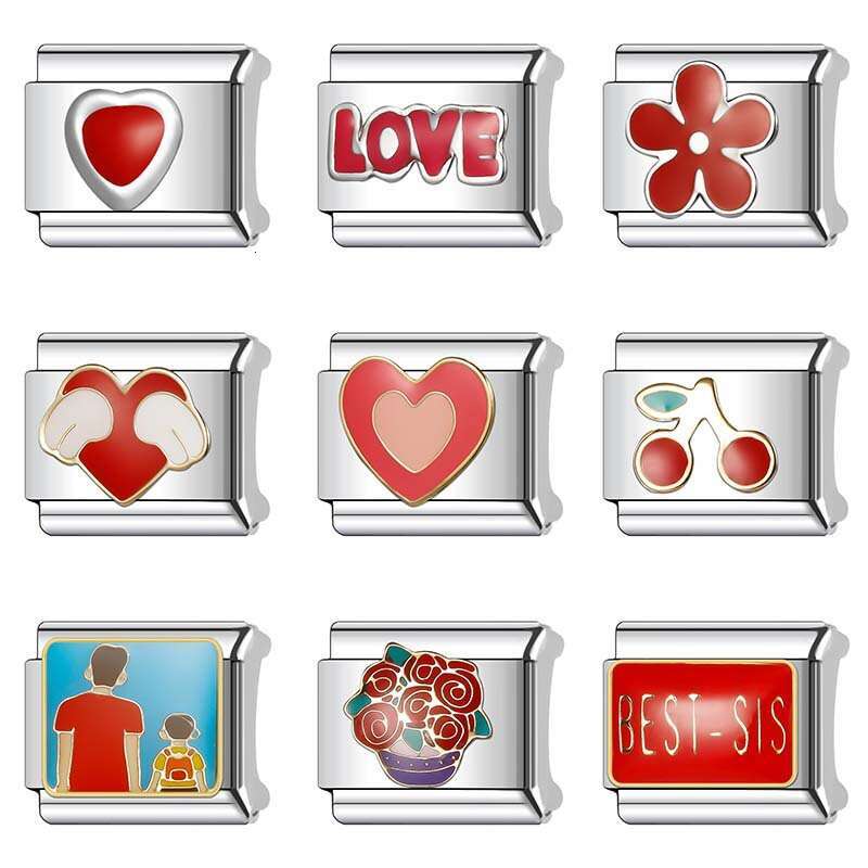 New Women's Gift love red heart Bead Italian Charms Links Bangle Beads Fit 9mm Stainless Steel Bracelet Making DIY For Women accessories Fashion 