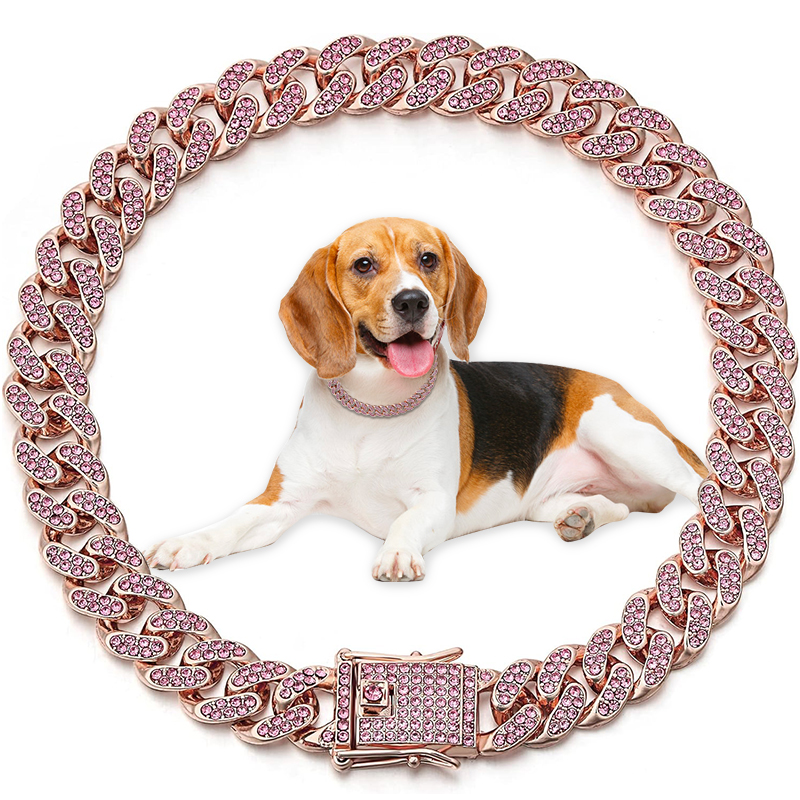 Personalized Pink Diamond Cuban Collar with Design Secure Buckle Dog Collars Gold Chain Pet Necklace for Small Medium Dogs Cat